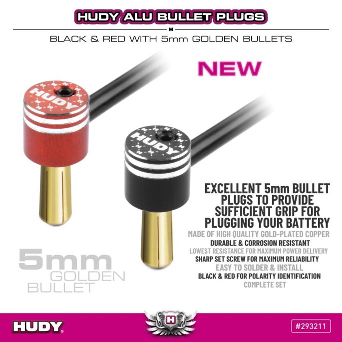 293211 HUDY Alu Bullet Plug Black & Red w 5mm Golden Bullets_stvorec 01
