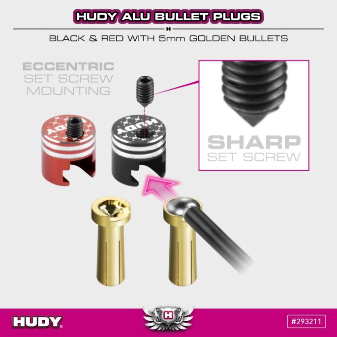293211 HUDY Alu Bullet Plug Black & Red w 5mm Golden Bullets_stvorec 02