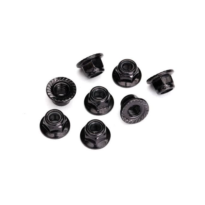 Nuts, 5mm flanged nylon locking (steel, black serrated) (8)